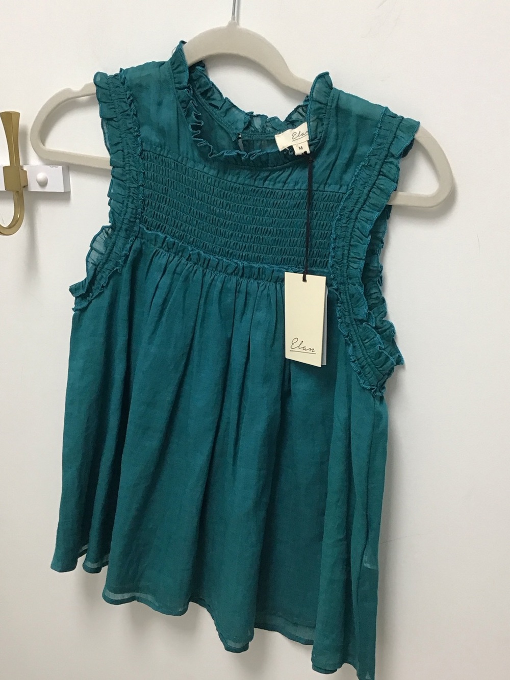 Elan Teal Smocked Ruffle Sleeve emerald linen Top